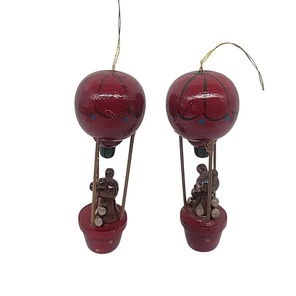 Vtg Lot of 2 Wooden Teddy Bears Hot Air Balloons Christmas Ornaments 4.5